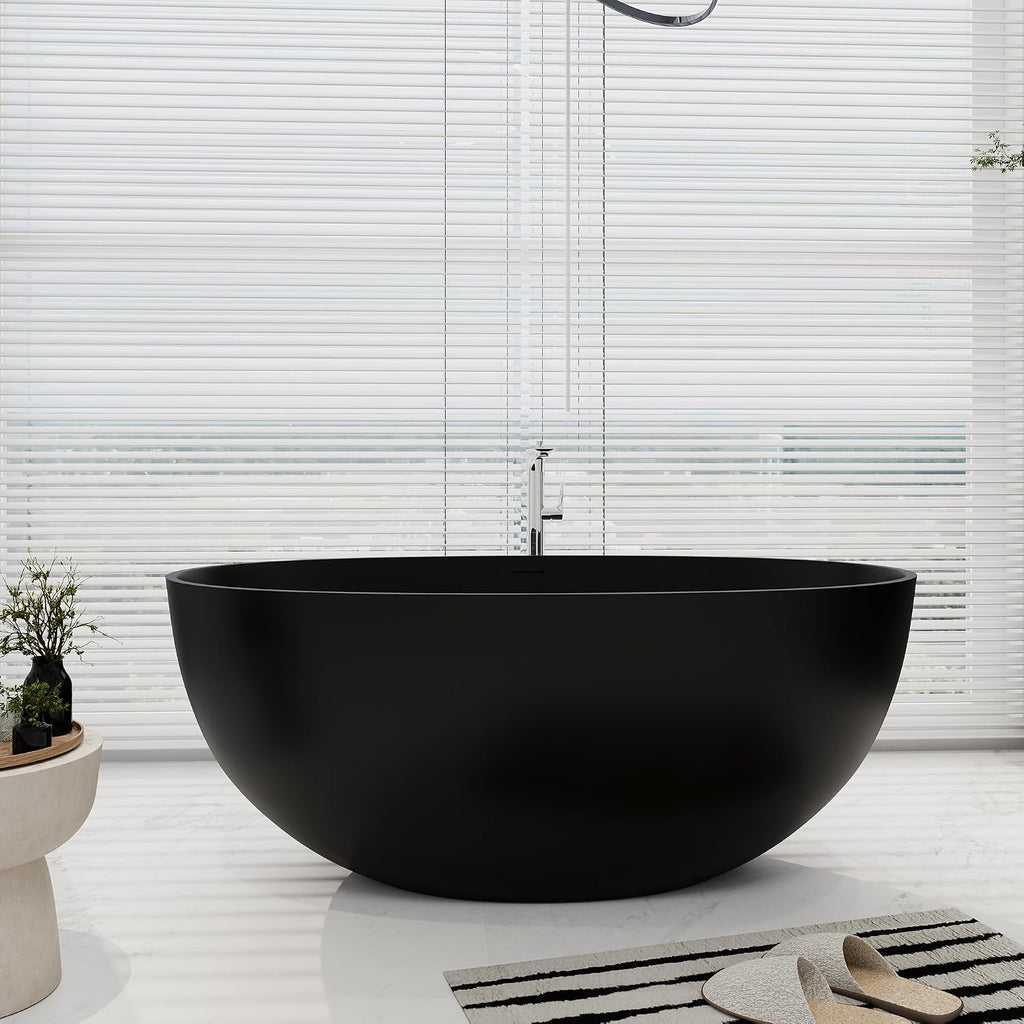 SJ STAR&JANE 55' Solid Surface Freestanding Bathtub, Stone Resin Oval Soaking Tub Matte Black Stand Alone Tub with Overflow and Pop-up Drain for Bathroom