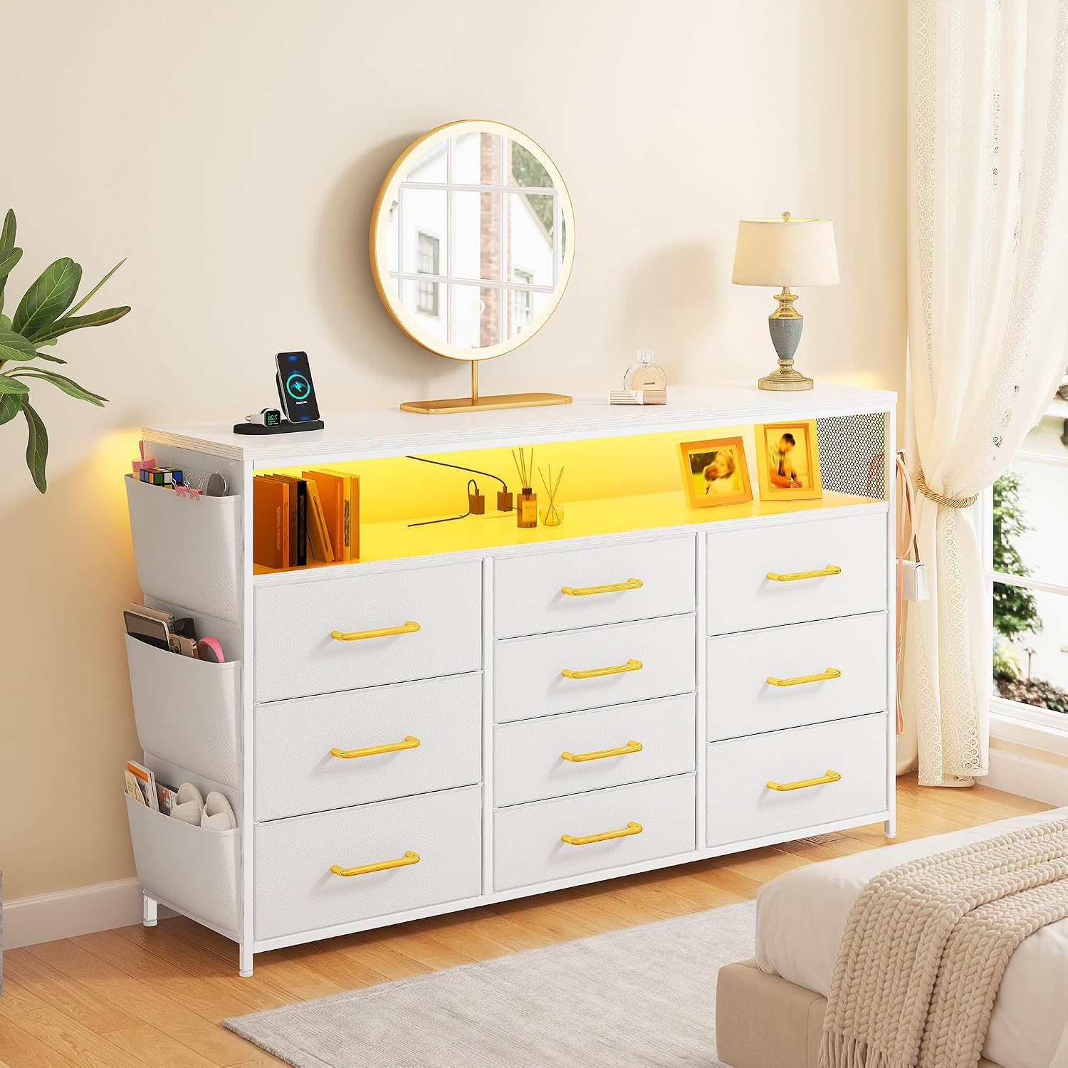 1EnHomee Dresser for Bedroom with 10 Drawers, 55' TV Stands with LED Lights & Power Outlets, Dressers with Shelves & Side Pockets, Hooks for Hallway,White