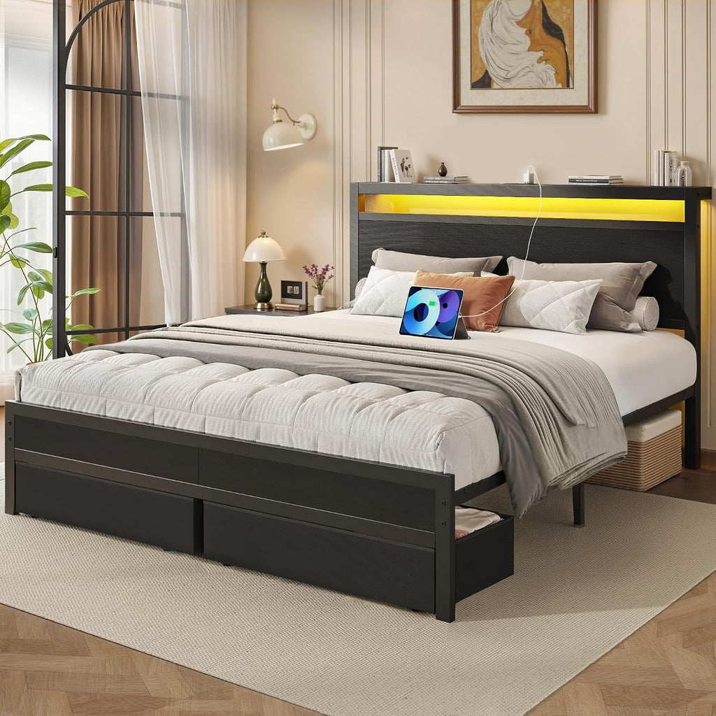 Fluest Queen Bed Frame,Queen Bed Frame with Storage Headboard & 2 Storage Drawer, Charging Station & LED Light, No Box Spring Needed, Noise Free, Easy Assembly, Classic Black