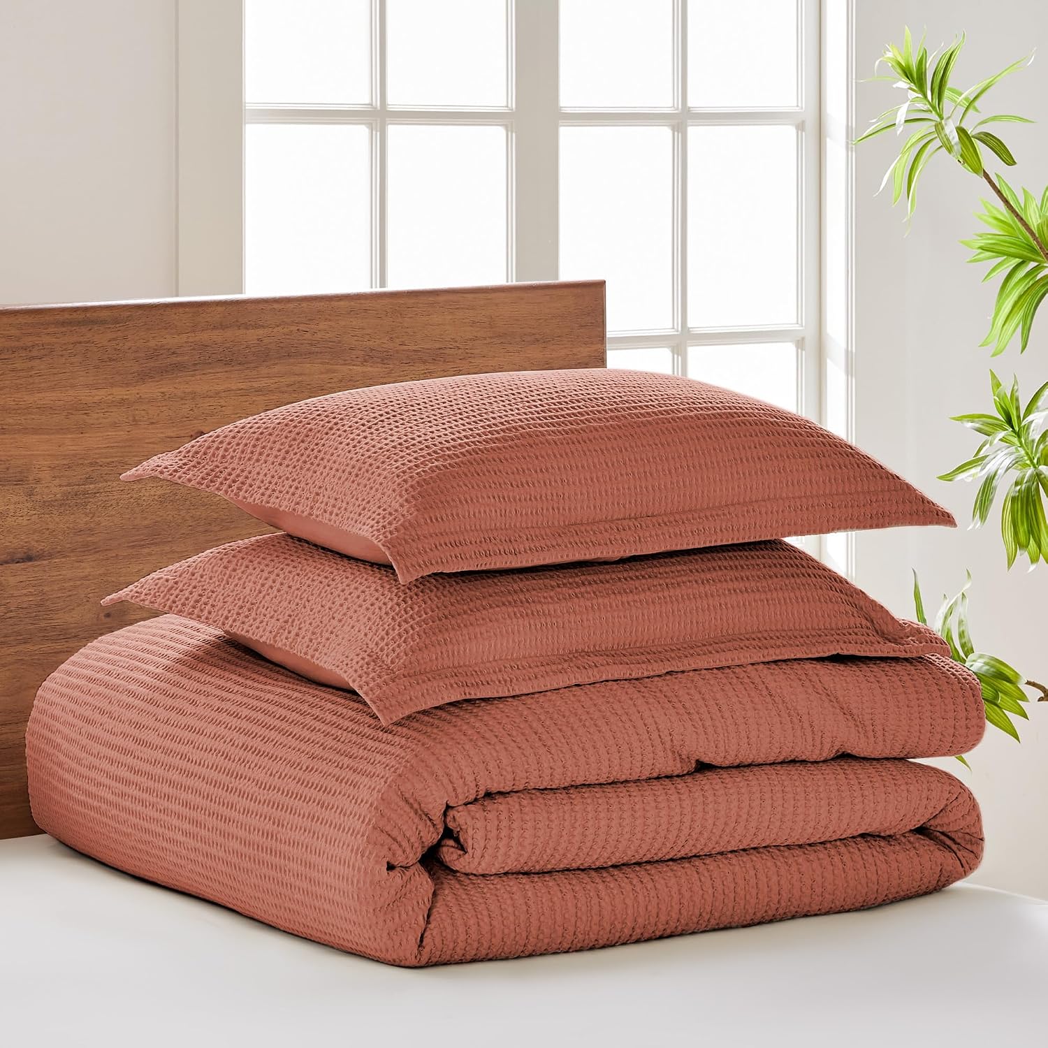 Levtex Home Cloud Waffle Full/Queen Comforter Set (90x94in) with 2 Pillow Shams (26x20in) - Solid Waffle Cotton Texture - Adobe - 100% Cotton Full/Queen Size Comforter Set - Soft, Pre-Washed