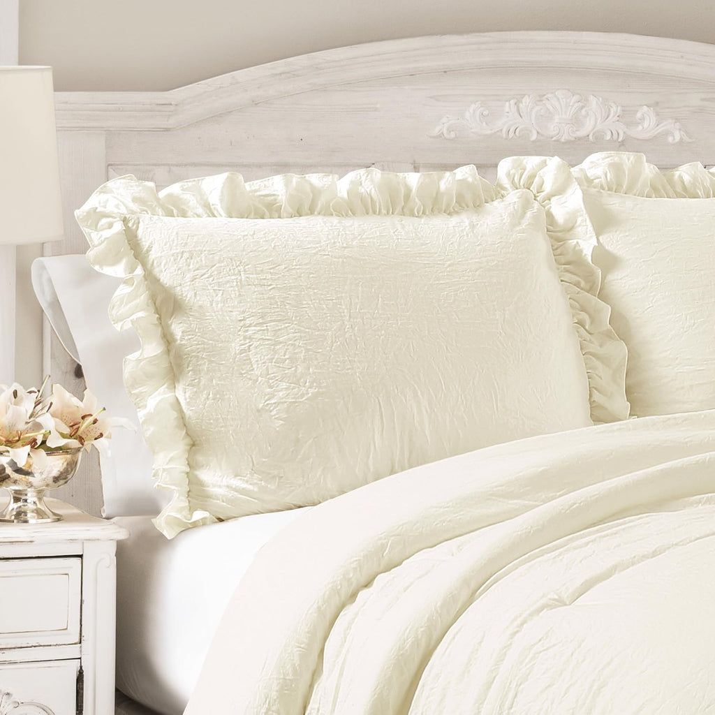 Lush Decor Reyna Ruffle Comforter Set - 3 Piece Cozy Ruffled Bedding Set - Timeless Elegance and Comfort for Dorm Room - Full/ Queen, Ivory
