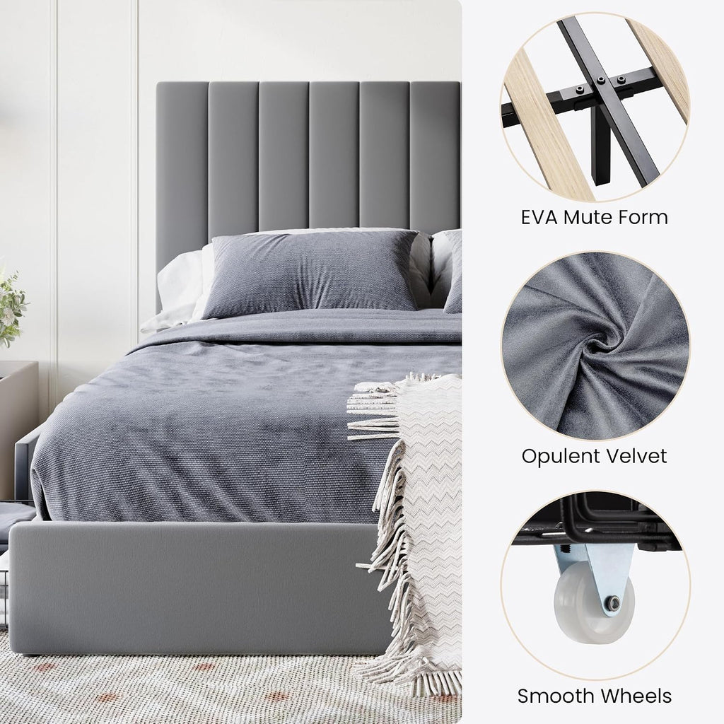 SHA CERLIN Queen Size Platform Bed Frame with 4 Storage Drawers, Vertical Channel Tufted Adjustable Headboard, Velvet Upholstered, Wooden Slats Support, No Box Spring Needed, Easy Assembly, Grey