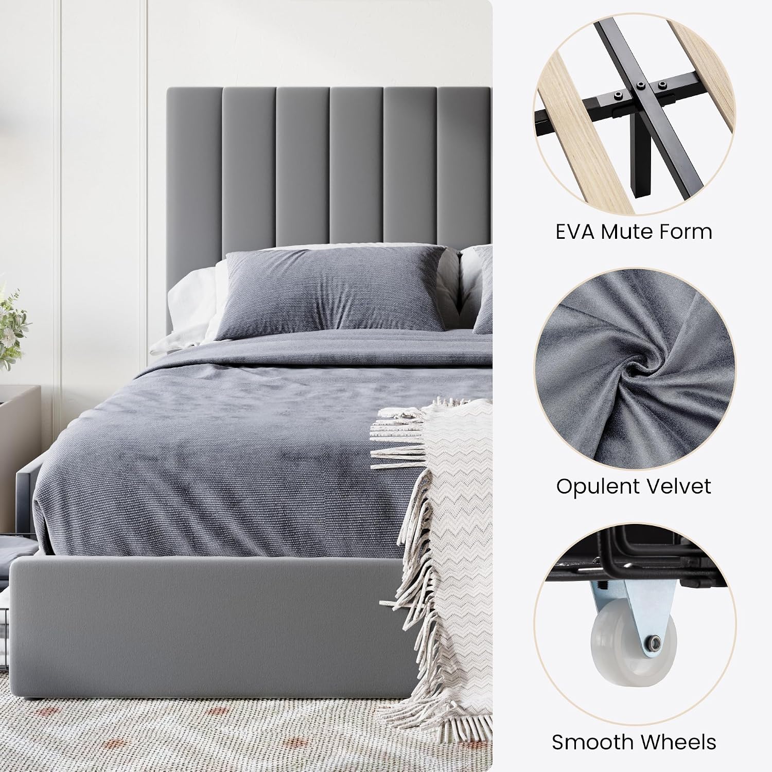 SHA CERLIN Queen Size Platform Bed Frame with 4 Storage Drawers, Vertical Channel Tufted Adjustable Headboard, Velvet Upholstered, Wooden Slats Support, No Box Spring Needed, Easy Assembly, Grey