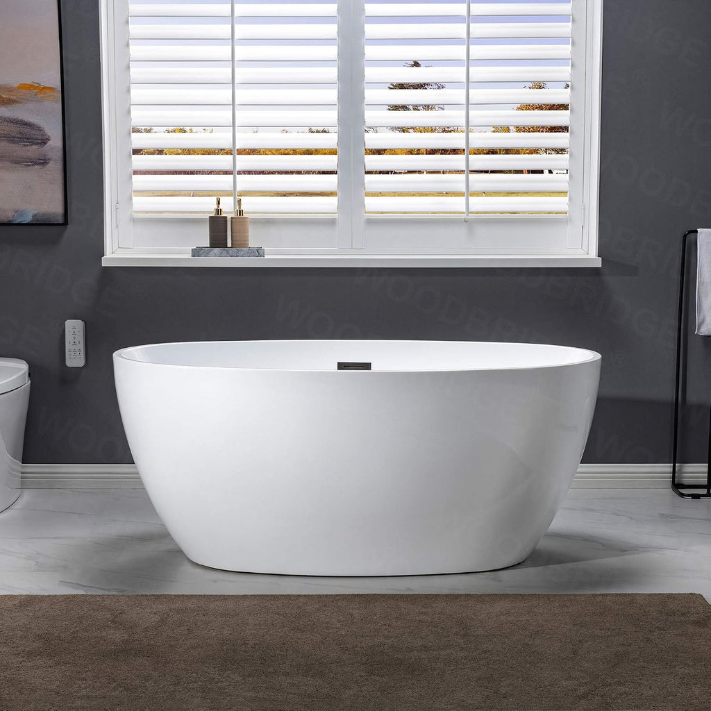 WOODBRIDGE 55' Acrylic Freestanding Bathtub Contemporary Soaking White Tub with Matte Black Overflow and Drain,B1418 -MB-Drain &O