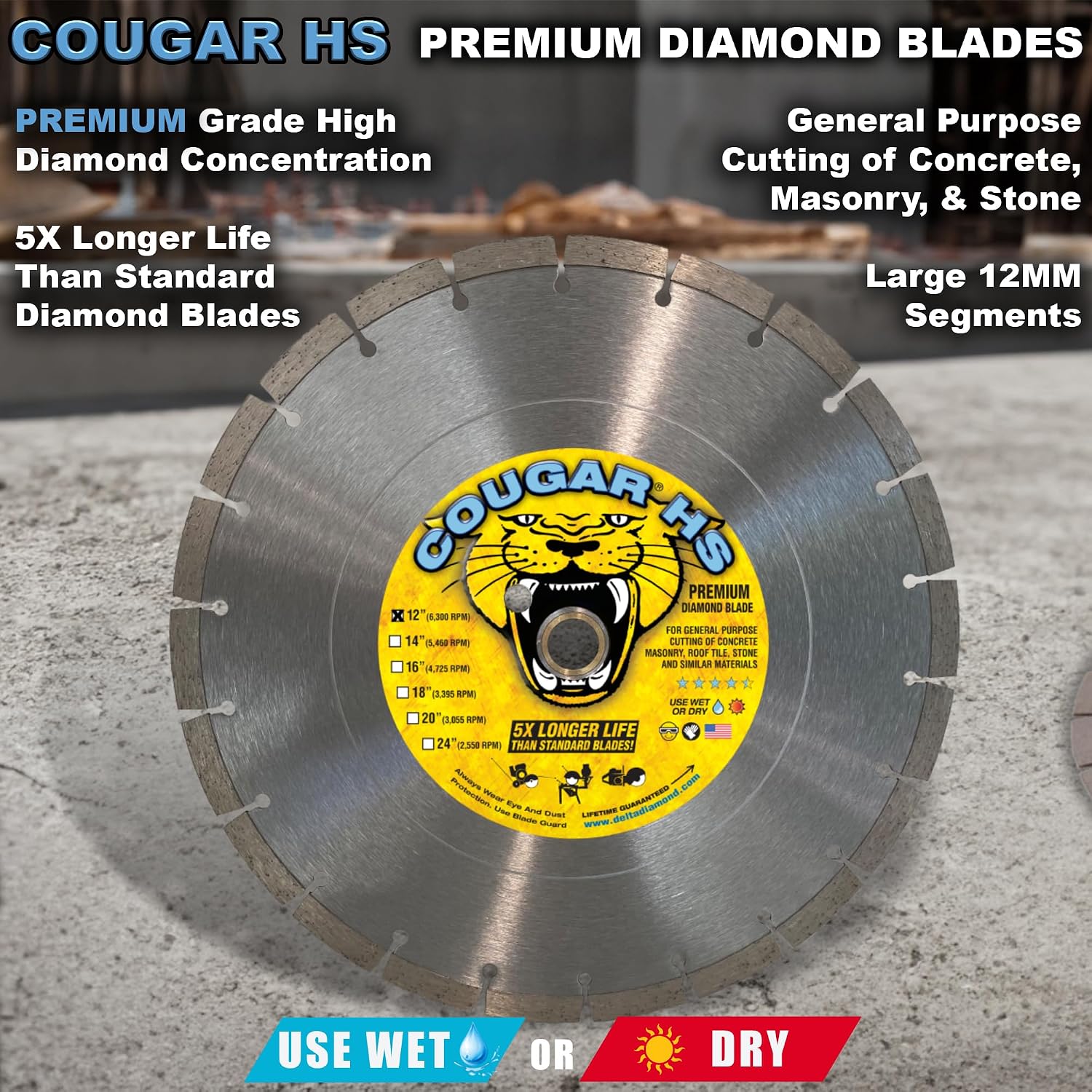 Cougar HS 12 Inch Diamond Concrete Saw Blade, Premium General Purpose Segmented Blade, Dry/Wet Cutting Concrete, Masonry, Brick, & Block 1'-20mm Arbor (3pcs)