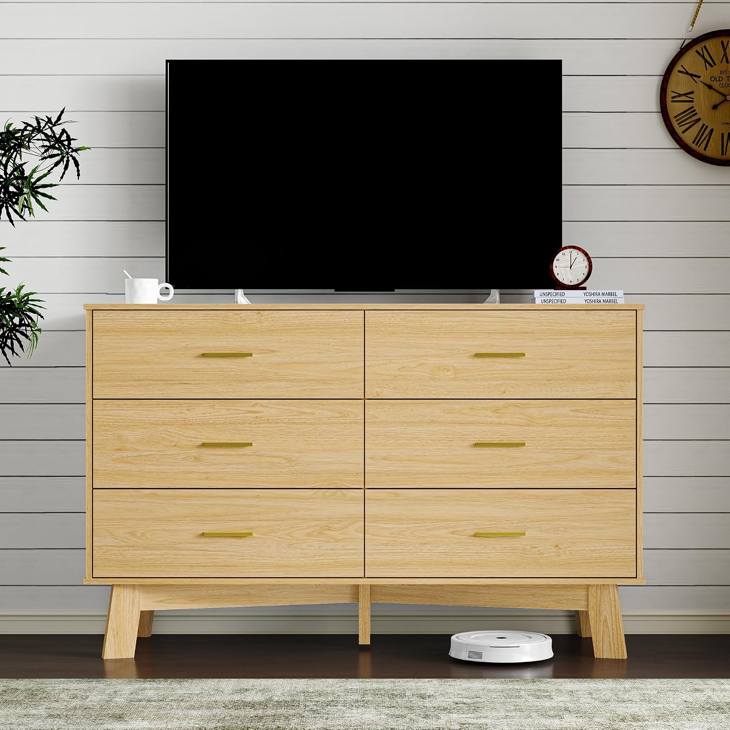 BORNOON Dresser for Bedroom with 6-Drawer, 47.2' Modern Chest of Drawers with Metal Handles, X-Shape Base & Adjustable Center Leg, Anti-Tip Closet Organizers and Storage