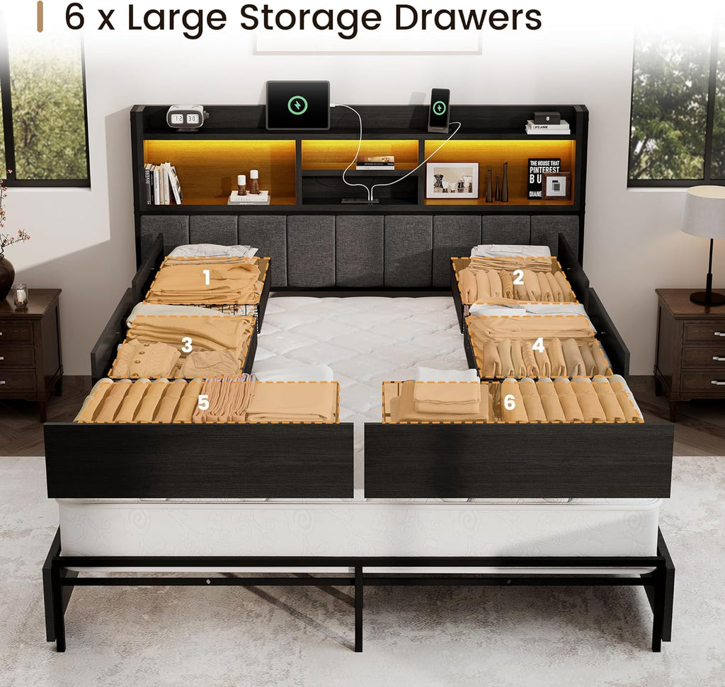 BRELTAM Queen Bed Frame with 6 Storage Drawers, Linen Upholstered Headboard, Built-in USB Charging Station & LED Lighting, Silent Metal Support, No Box Spring Needed, Vintage Black