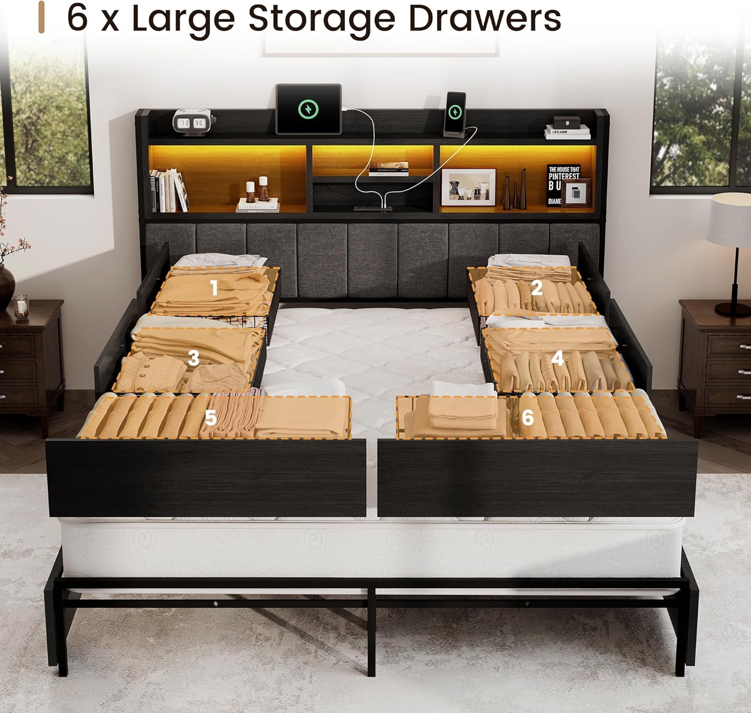 BRELTAM Queen Bed Frame with 6 Storage Drawers, Linen Upholstered Headboard, Built-in USB Charging Station & LED Lighting, Silent Metal Support, No Box Spring Needed, Vintage Black