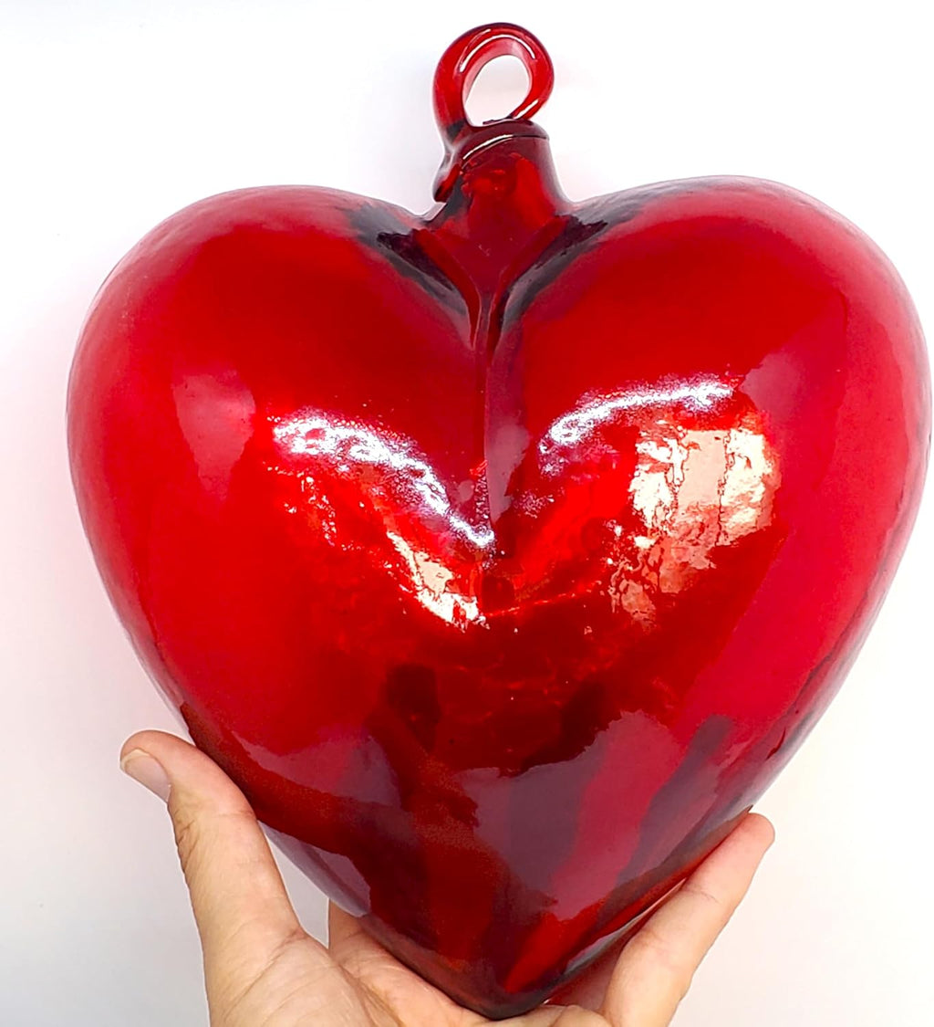 Red 8.5 inch Jumbo Hanging Glass Hearts (Set of 3), Recycled Blown Glass (Jumbo Red Hearts)