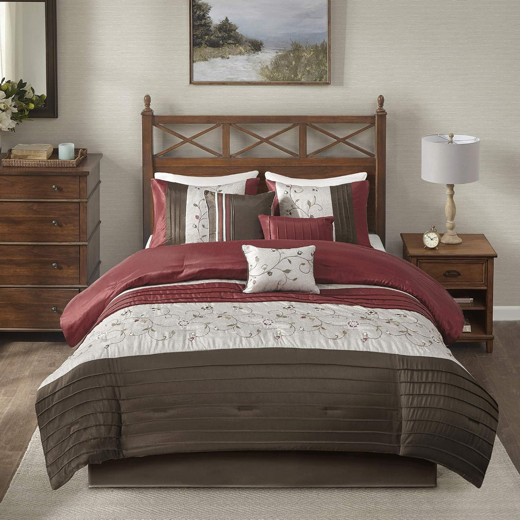 Madison Park Serene Faux Silk Comforter Set - Floral Embroidery Design, All Season Bedding Set, Matching Bed Skirt, Decorative Pillows, Red King(104'x92') 7 Piece