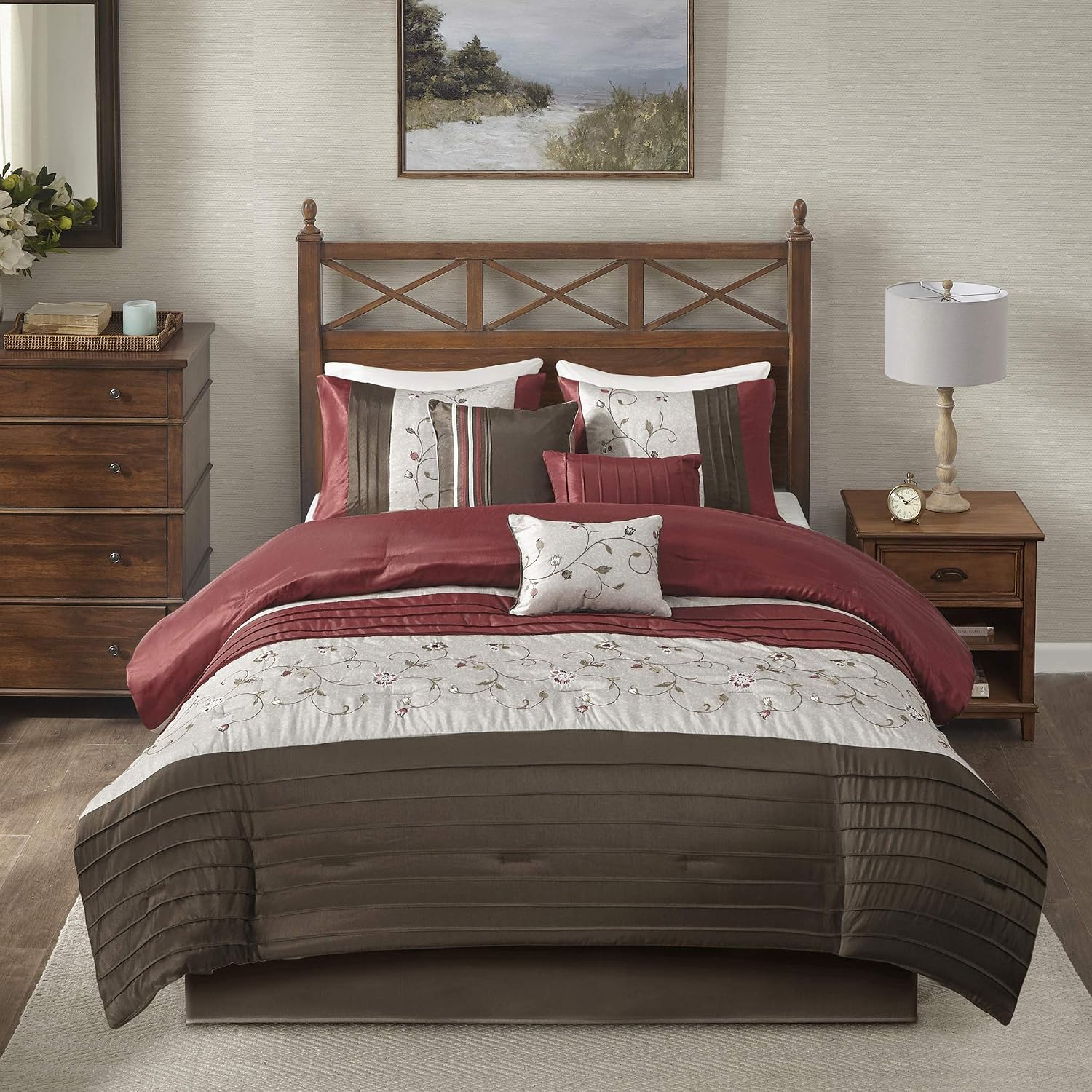 Madison Park Serene Faux Silk Comforter Set - Floral Embroidery Design, All Season Bedding Set, Matching Bed Skirt, Decorative Pillows, Red King(104'x92') 7 Piece