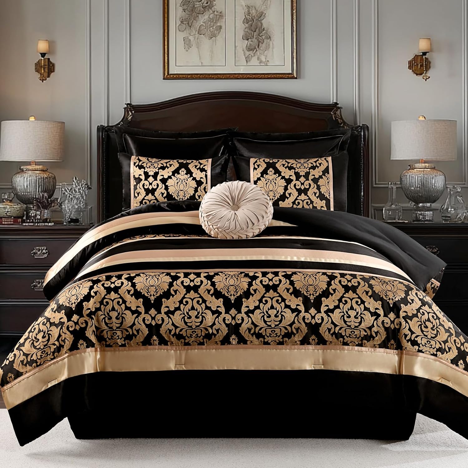 Finlonte Black Gold Comforter Set King Size - Luxury Jacquard Floral 7-Piece Silky Bed in a Bag, Vintage Patchwork All Season Down Alternative Bedding Set with Matching Shams, Pillows, Bed Skirt