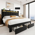 SHA CERLIN Velvet Queen Bed Frame with Vertical Channel Tufted Wingback Headboard & 2 Storage Drawers/2-Tier Shelves with LED Lights & Charging Station/Noise-Free/No Box Spring Needed/Black