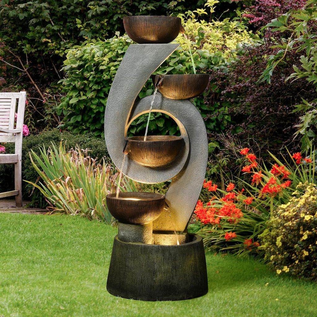 Sunlinua 46.8''H Outdoor Water Fountains - 5-Tiered Garden Fountains Outdoor for Patio, Yard, Balcony, Porch, Modern Resin Waterfall Feature for Outside with Light, Cascading Bowl Water Feature Gray