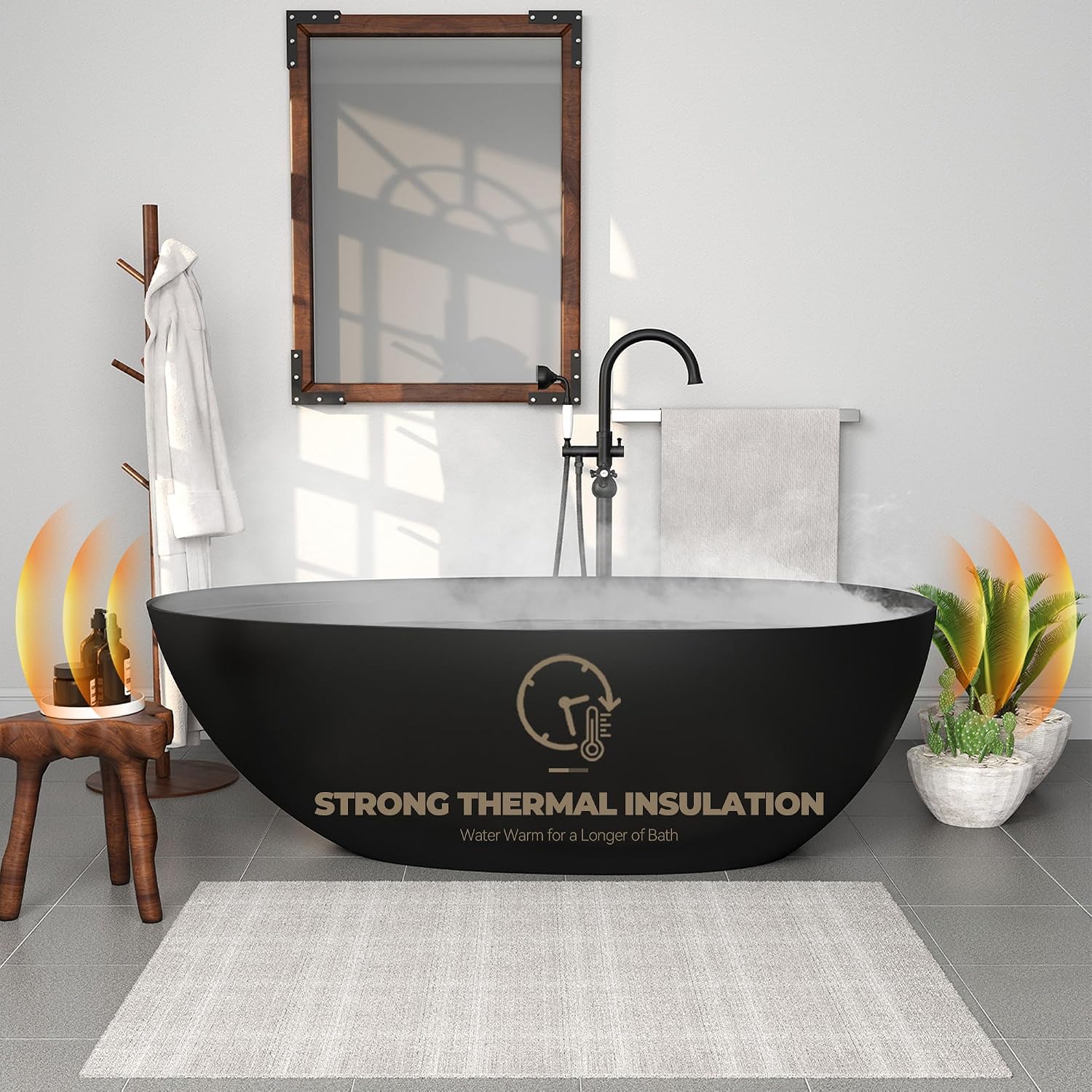 CASAINC 67' Free Standing Tub, Matte Black Stone Resin Freestanding Tub Large Space Solid Surface Soaking Tub with Drain, Drain Hose & Sanding Paper