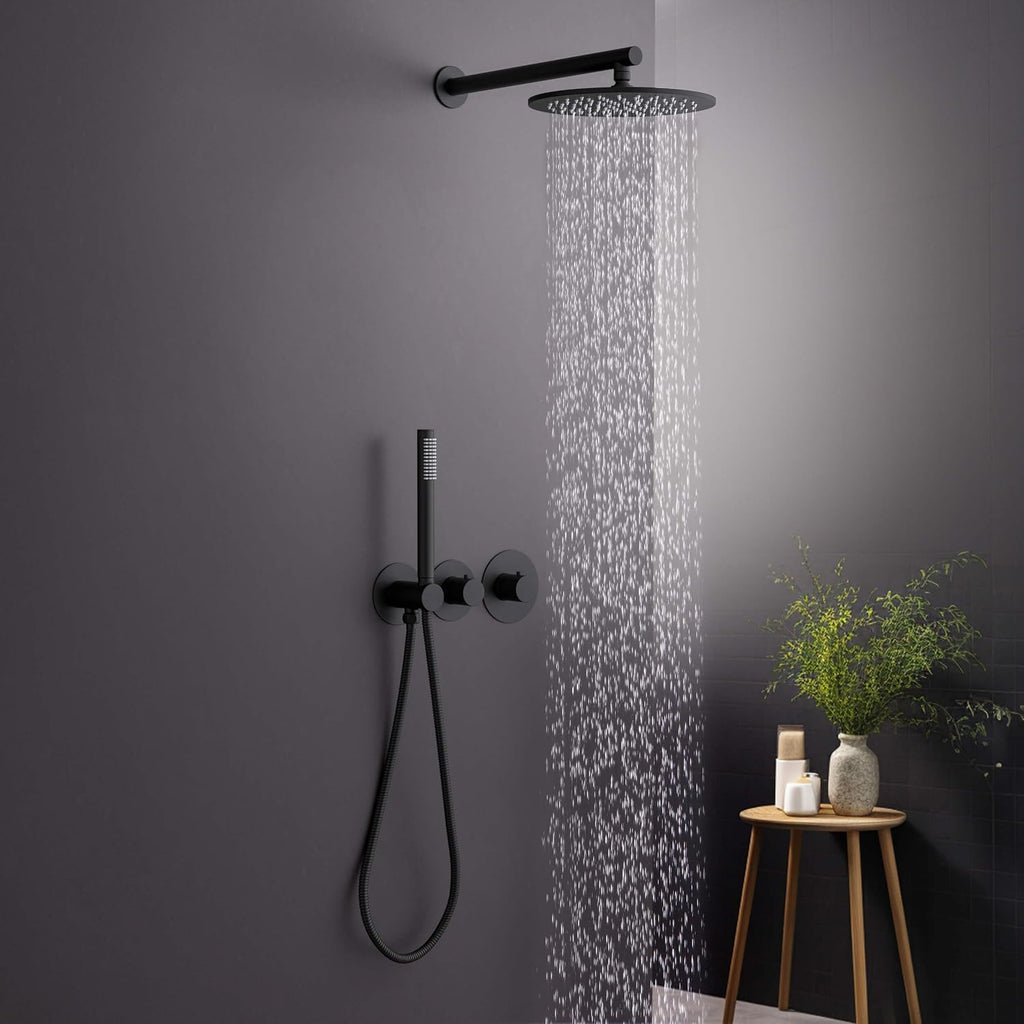 KIBI Circular Matte Black Thermostatic Shower System – Rainfall & Handheld Shower Head Set | 2-Function Shower Faucet Set with Rough-In Valve | Solid Brass Build & Temperature Control (KSF410MB)