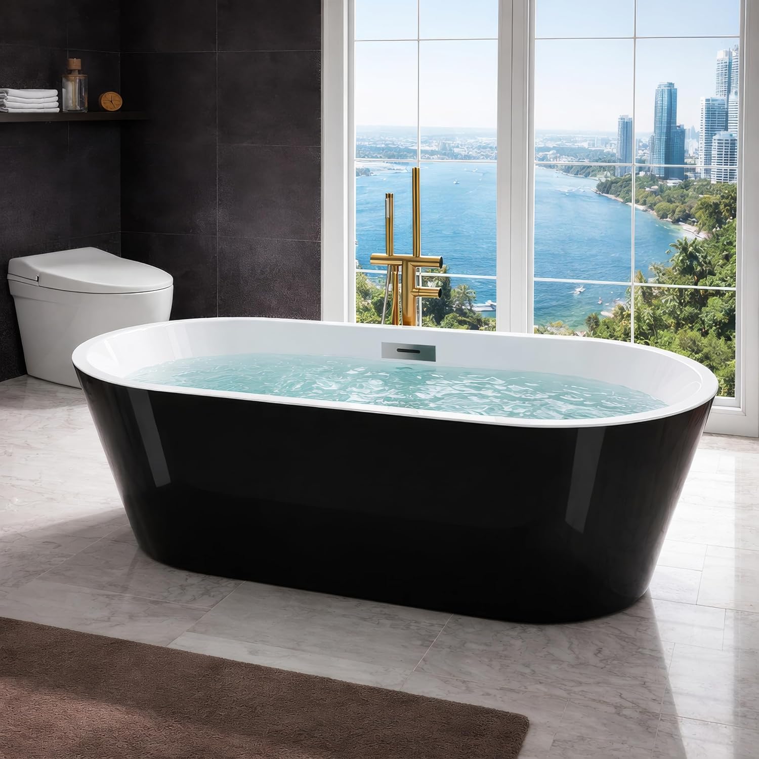 59' Free Standing Tub, Acrylic Soaking Bathtub, Stand Alone Freestanding Tub with Matte Sliver Drain and Overflow, Contemporary Bathtub for Bathroom, Black