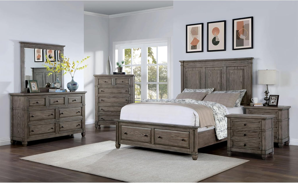 Furniture of America Xephyr Solid Wood 6-Piece Bedroom Set, Queen-Size Bed with Footboard Drawers, Felt-Lined Top & Ball-Bearing Glides, USB Port on Nightstand, Box Spring Required, Warm Gray