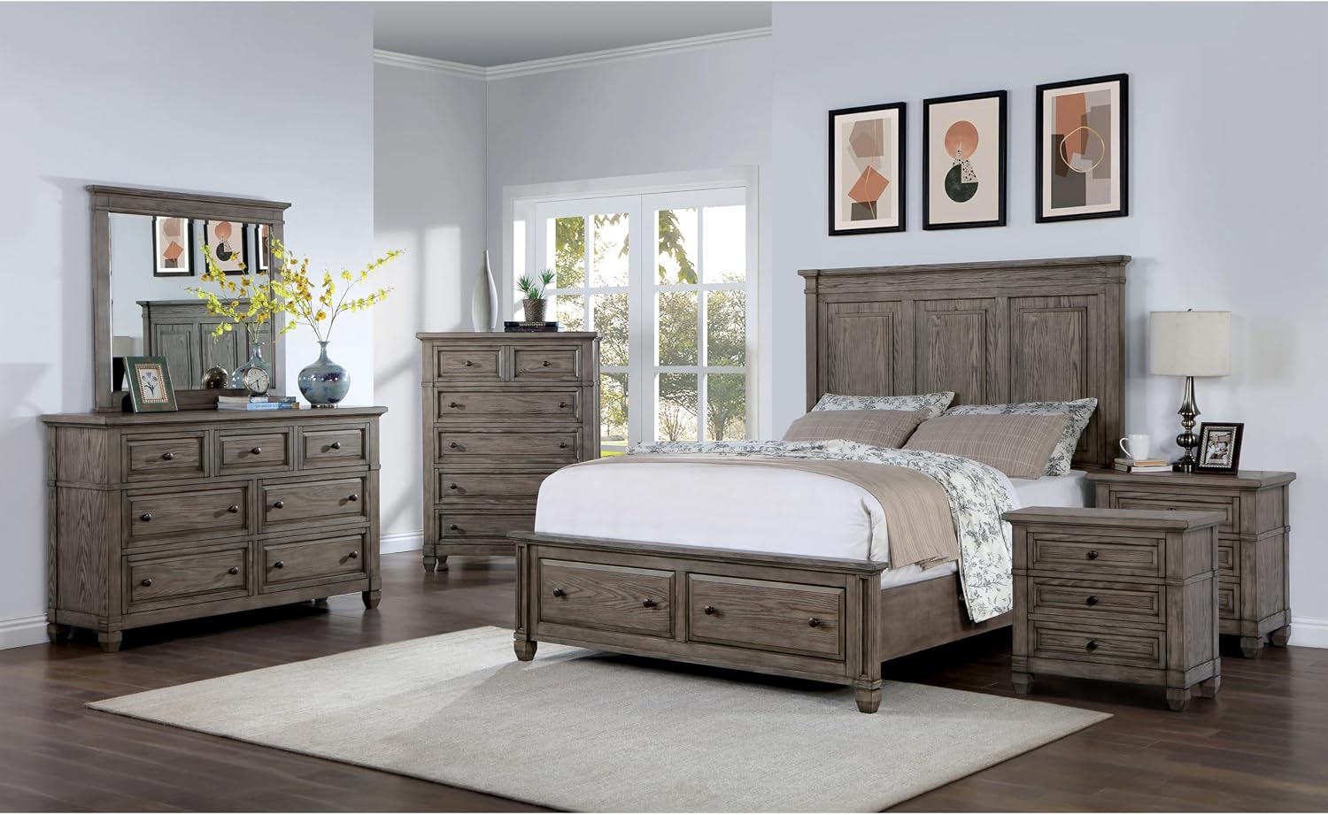 Furniture of America Xephyr Solid Wood 6-Piece Bedroom Set, Queen-Size Bed with Footboard Drawers, Felt-Lined Top & Ball-Bearing Glides, USB Port on Nightstand, Box Spring Required, Warm Gray