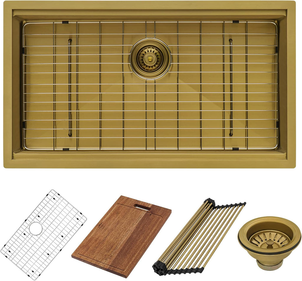 Ruvati 30-inch Polished Brass Matte Gold Workstation Undermount Kitchen Sink Single Bowl - RVH6530GG