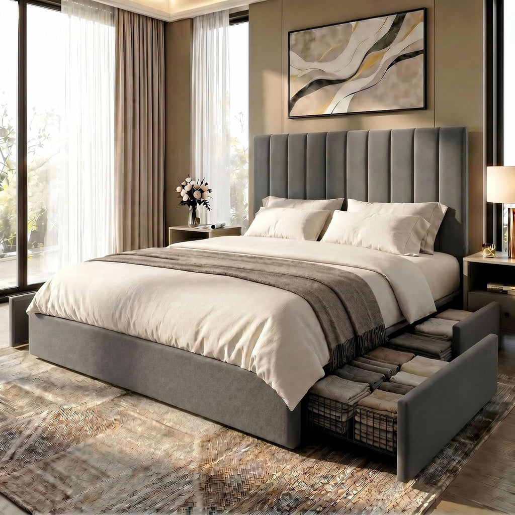 SHA CERLIN Queen Size Platform Bed Frame with 4 Storage Drawers, Vertical Channel Tufted Adjustable Headboard, Velvet Upholstered, Wooden Slats Support, No Box Spring Needed, Easy Assembly, Grey