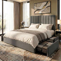 SHA CERLIN Queen Size Platform Bed Frame with 4 Storage Drawers, Vertical Channel Tufted Adjustable Headboard, Velvet Upholstered, Wooden Slats Support, No Box Spring Needed, Easy Assembly, Grey