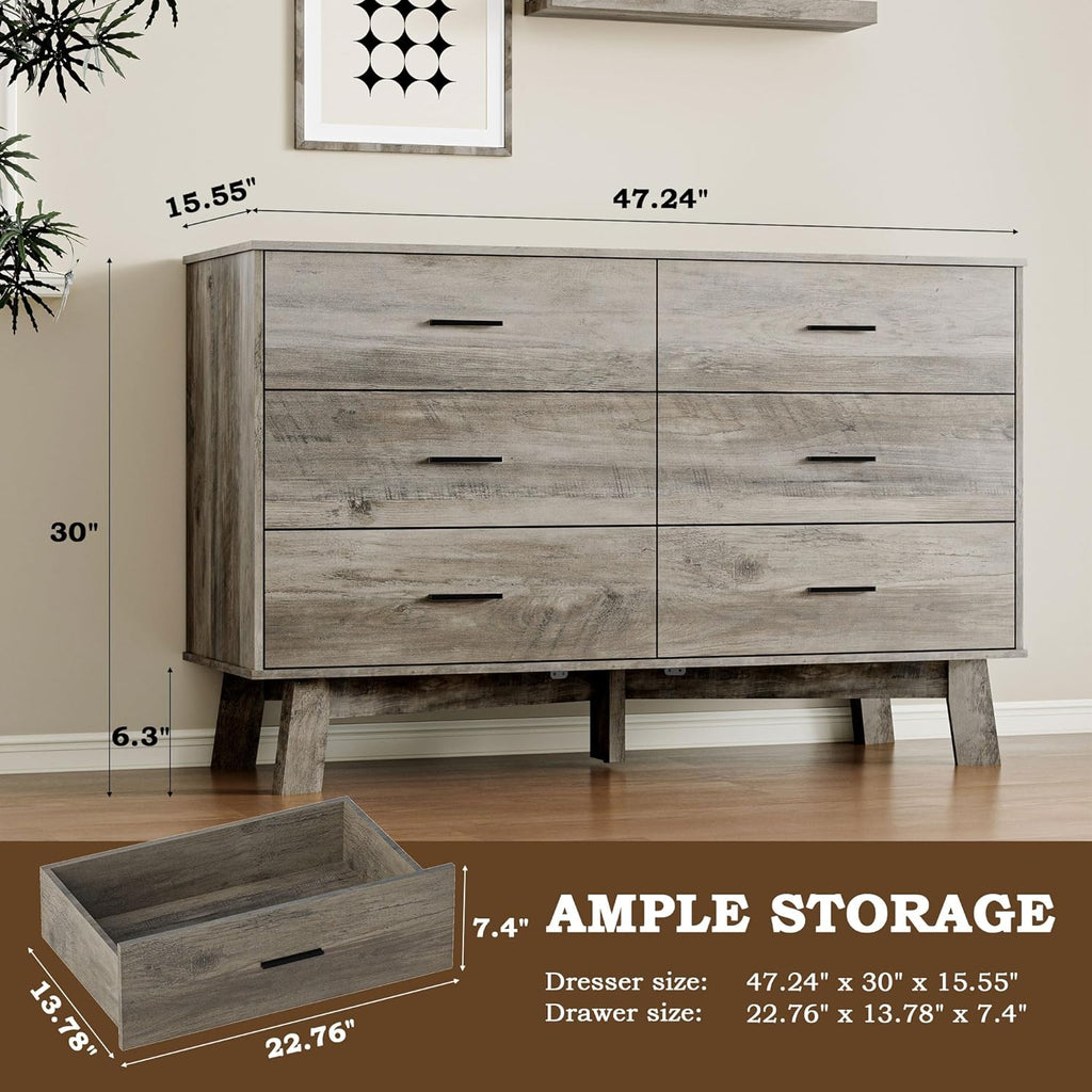 BORNOON Dresser for Bedroom with 6-Drawer, 47.2' Modern Chest of Drawers with Metal Handles, X-Shape Base & Adjustable Center Leg, Anti-Tip Closet Organizers and Storage