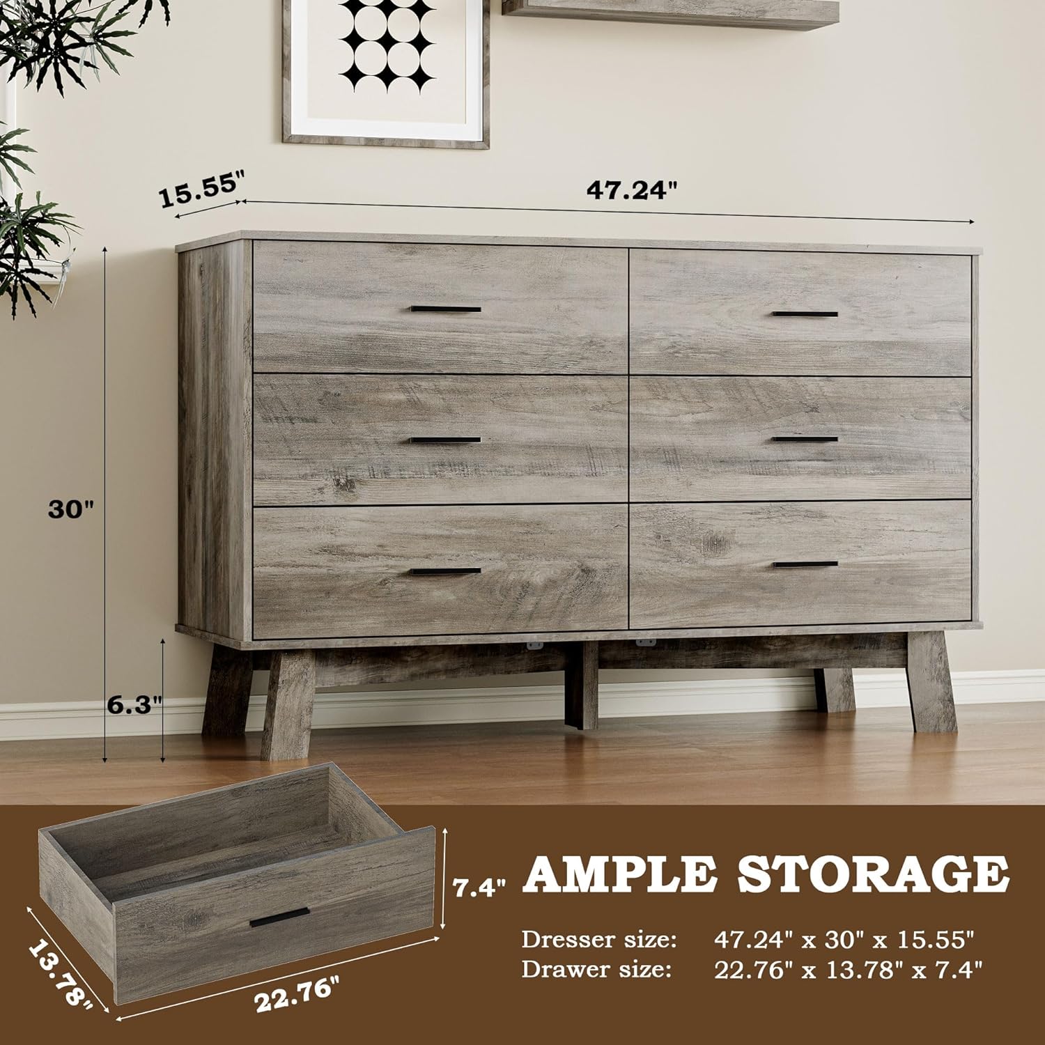 BORNOON Dresser for Bedroom with 6-Drawer, 47.2' Modern Chest of Drawers with Metal Handles, X-Shape Base & Adjustable Center Leg, Anti-Tip Closet Organizers and Storage