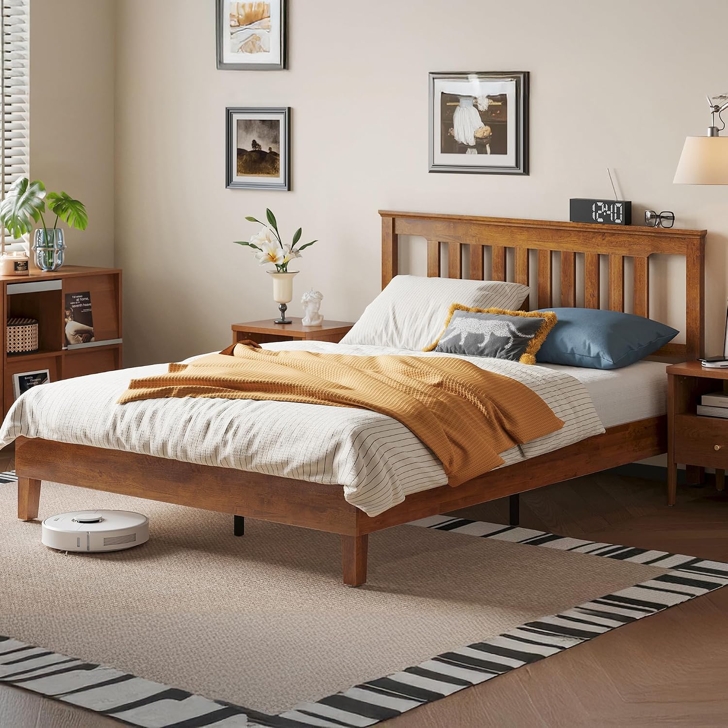 LINSY Wood Bed Frame, Full Bed Frame Solid Wood Platform Frames with Headboard and Slat Bases, Wooden Bedframe No Box Spring Needed, Easy Assembly, Walnut