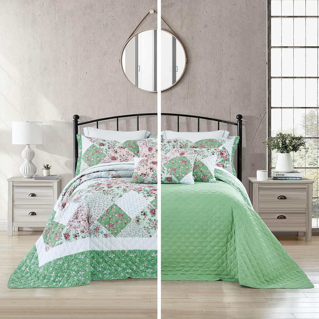 DaisyHuang Oversized King Bedspread 138x120 Extra Wide, Farmhouse Patchwork Floral Quilt Bedding Cover, Reversible, 6 Piece, 100% Microfiber, California/Alaskan King, Rose