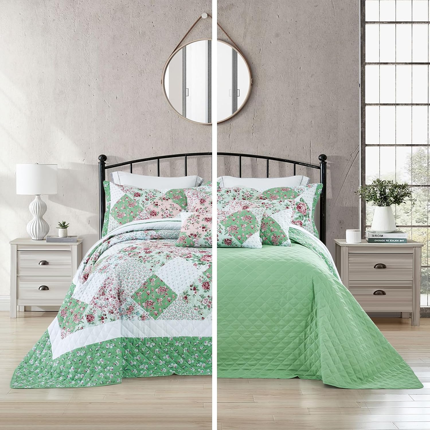 DaisyHuang Oversized King Bedspread 138x120 Extra Wide, Farmhouse Patchwork Floral Quilt Bedding Cover, Reversible, 6 Piece, 100% Microfiber, California/Alaskan King, Rose