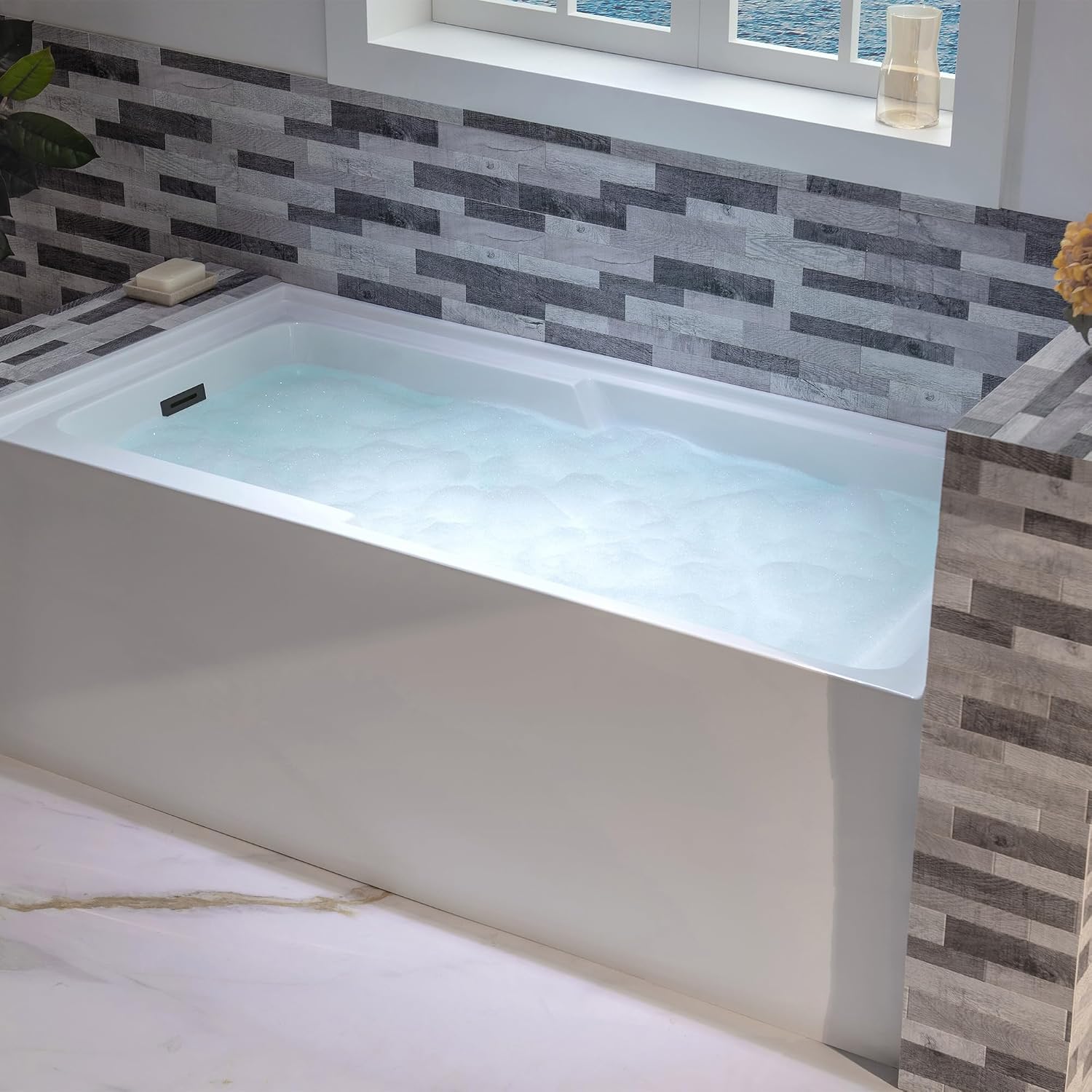WOODBRIDGE 54' Acrylic Rectangular Alcove Soaking Bathtub in White with Left Drain, Matte Black pop-UP Drain Included BA5430L