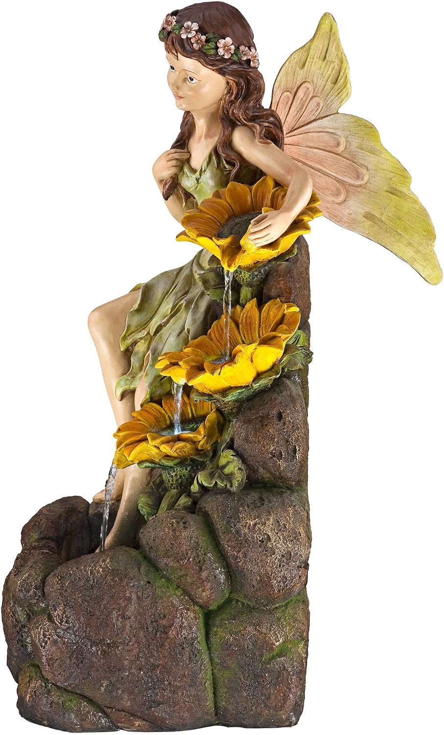 Garden Fairy with Sunflowers 26' High Large Modern Indoor Outdoor Cottage Core Decor Faux Stone Floor Fountain with Light LED Cascading Water Feature for Outside Patio Yard Backyard - John Timberland