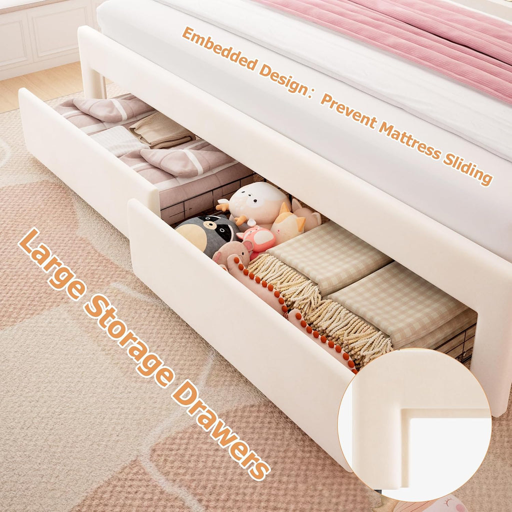 King Upholstered LED Bed Frame with 2 Storage Drawers and Adjustable Chic Double Wavy Headboard, Velvet Princess Platform Bed with Charing Station, Solid Wood Slats Support, No Box Spring Needed,Beige