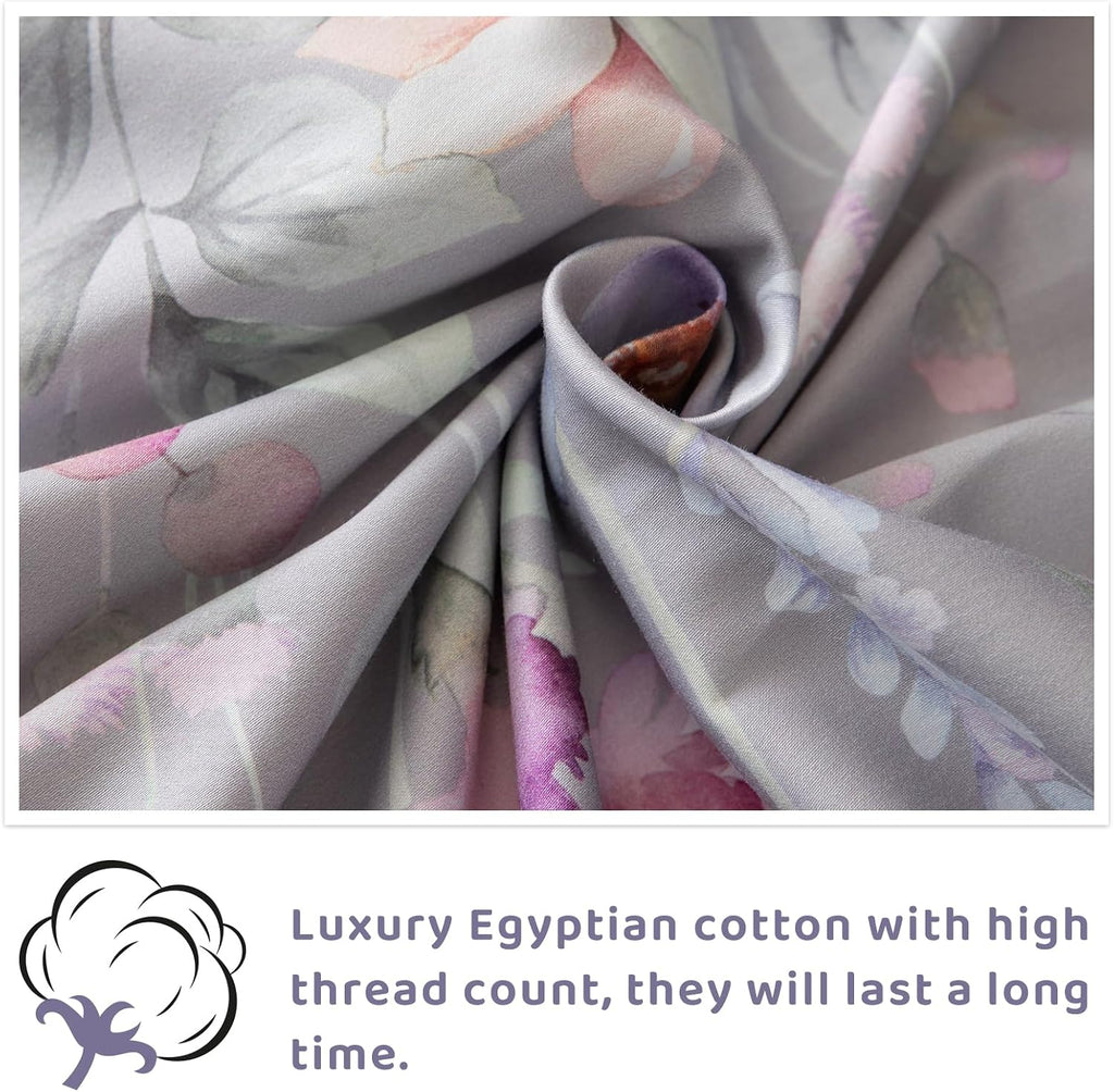 QSH Gray Floral Sheets Queen Size，Egyptian Cotton Sheets Queen Size Set Luxury Silk Feel Flowers Botanical Pattern Printed Bedding Sheet Extra Soft and Breathable 17.5' Deep Pockets Bed Sheet 4pcs