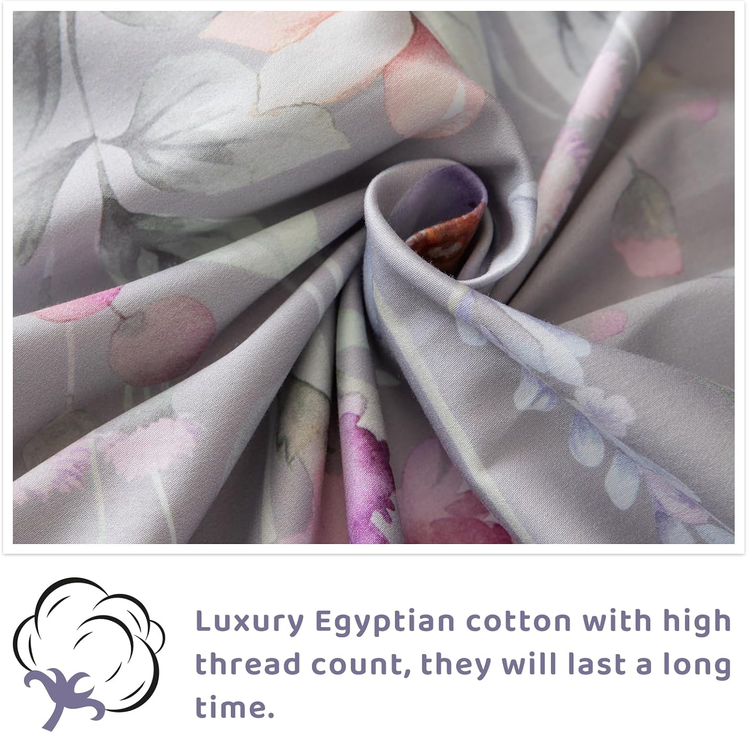 QSH Gray Floral Sheets Queen Size，Egyptian Cotton Sheets Queen Size Set Luxury Silk Feel Flowers Botanical Pattern Printed Bedding Sheet Extra Soft and Breathable 17.5' Deep Pockets Bed Sheet 4pcs