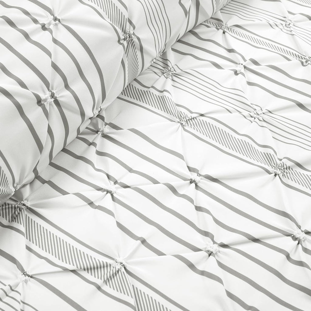 Lush Decor Ravello Pintuck Striped Comforter Set - Luxe 5 Piece Reversible Bedding Set - Traditional Glam & Farmhouse Inspired Bedroom Decor - Full/ Queen, Gray Stripe