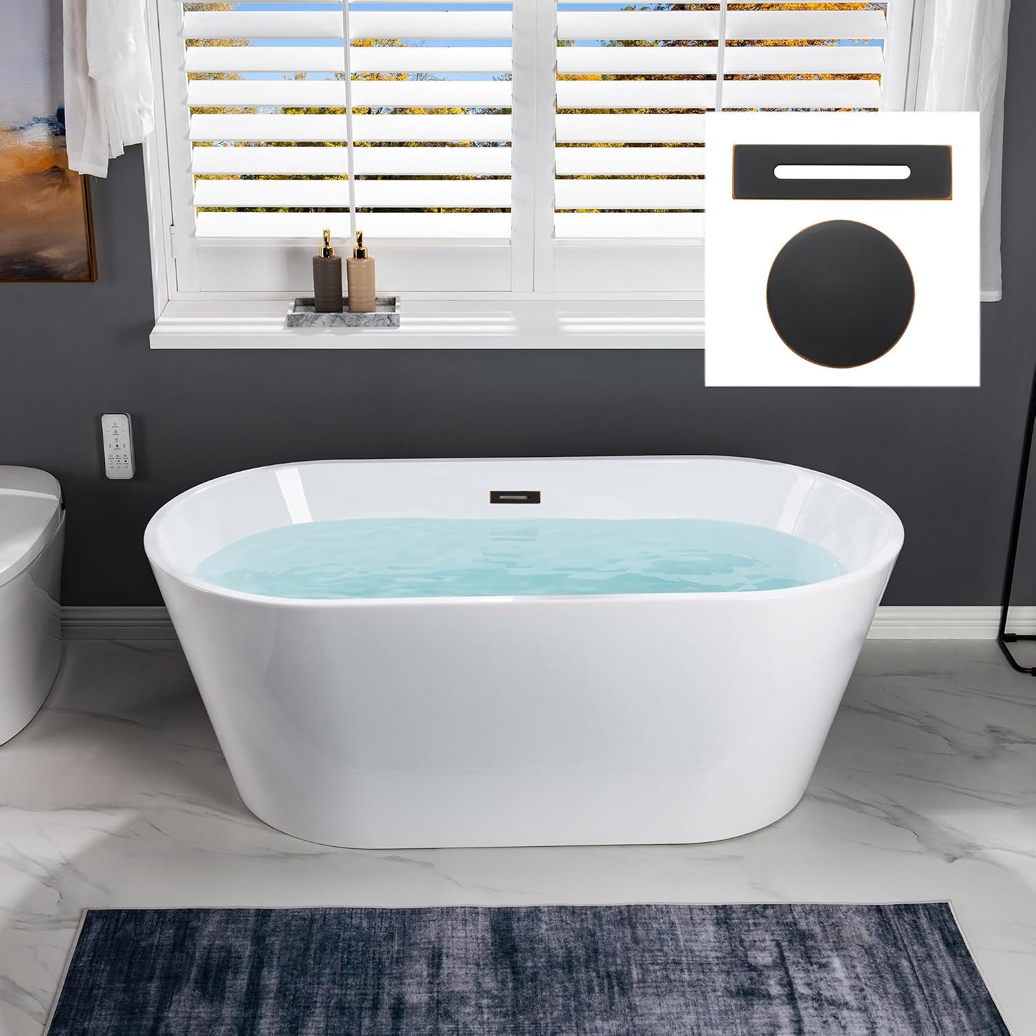WOODBRIDGE 59' Acrylic Freestanding Bathtub Contemporary Soaking White Tub with Oil Rubbed Bronze Overflow and Drain,B0014-ORB