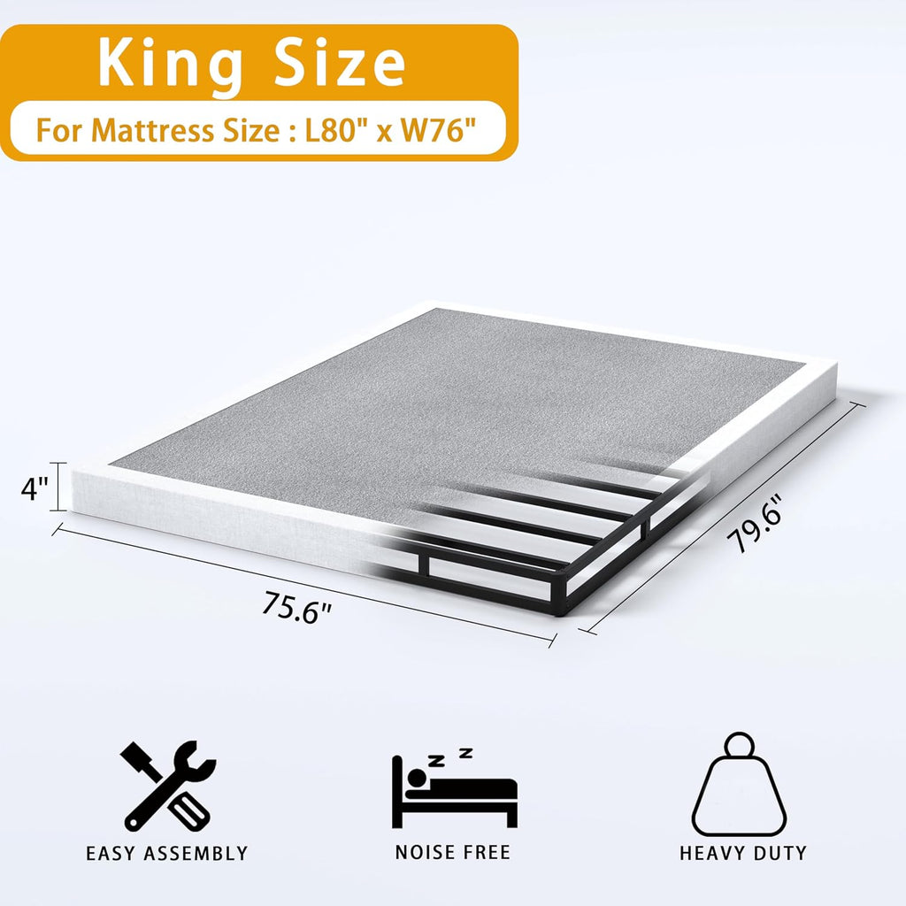 SHLAND Box Springs King Size 4 Inch High Box Spring Strong Metal Frame Mattress Foundation with Fabric Cover, Box Spring King Size Bed, Easy Assembly
