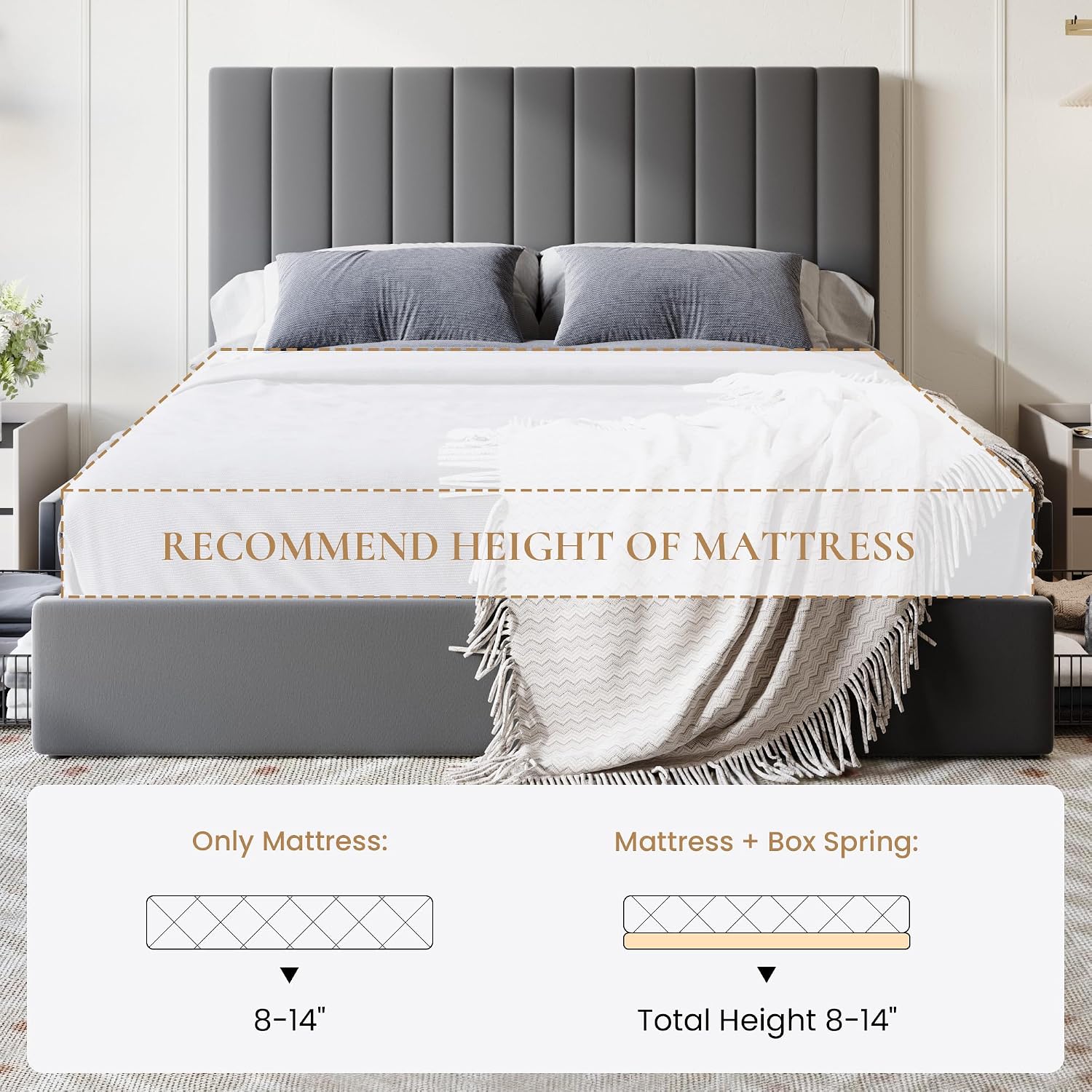 SHA CERLIN Queen Size Platform Bed Frame with 4 Storage Drawers, Vertical Channel Tufted Adjustable Headboard, Velvet Upholstered, Wooden Slats Support, No Box Spring Needed, Easy Assembly, Grey