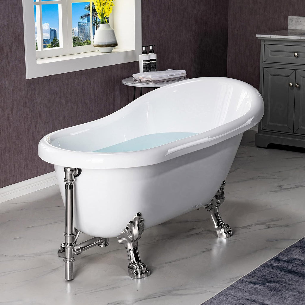 WOODBRIDGE 54' Heavy Duty Acrylic Slipper Clawfoot Bath Tub with Brushed Nickel Feet & Brushed Nickel Drain &Overflow