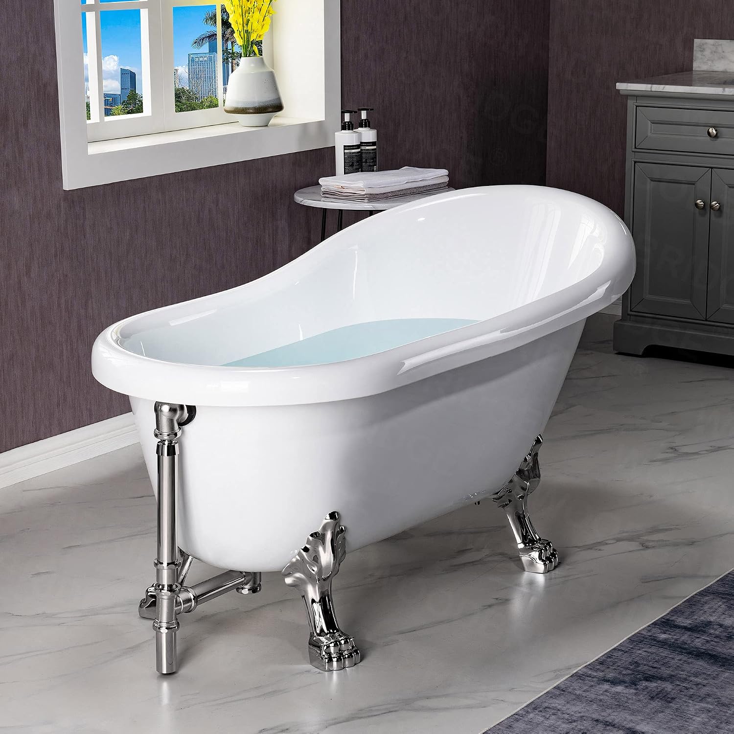 WOODBRIDGE 54' Heavy Duty Acrylic Slipper Clawfoot Bath Tub with Brushed Nickel Feet & Brushed Nickel Drain &Overflow