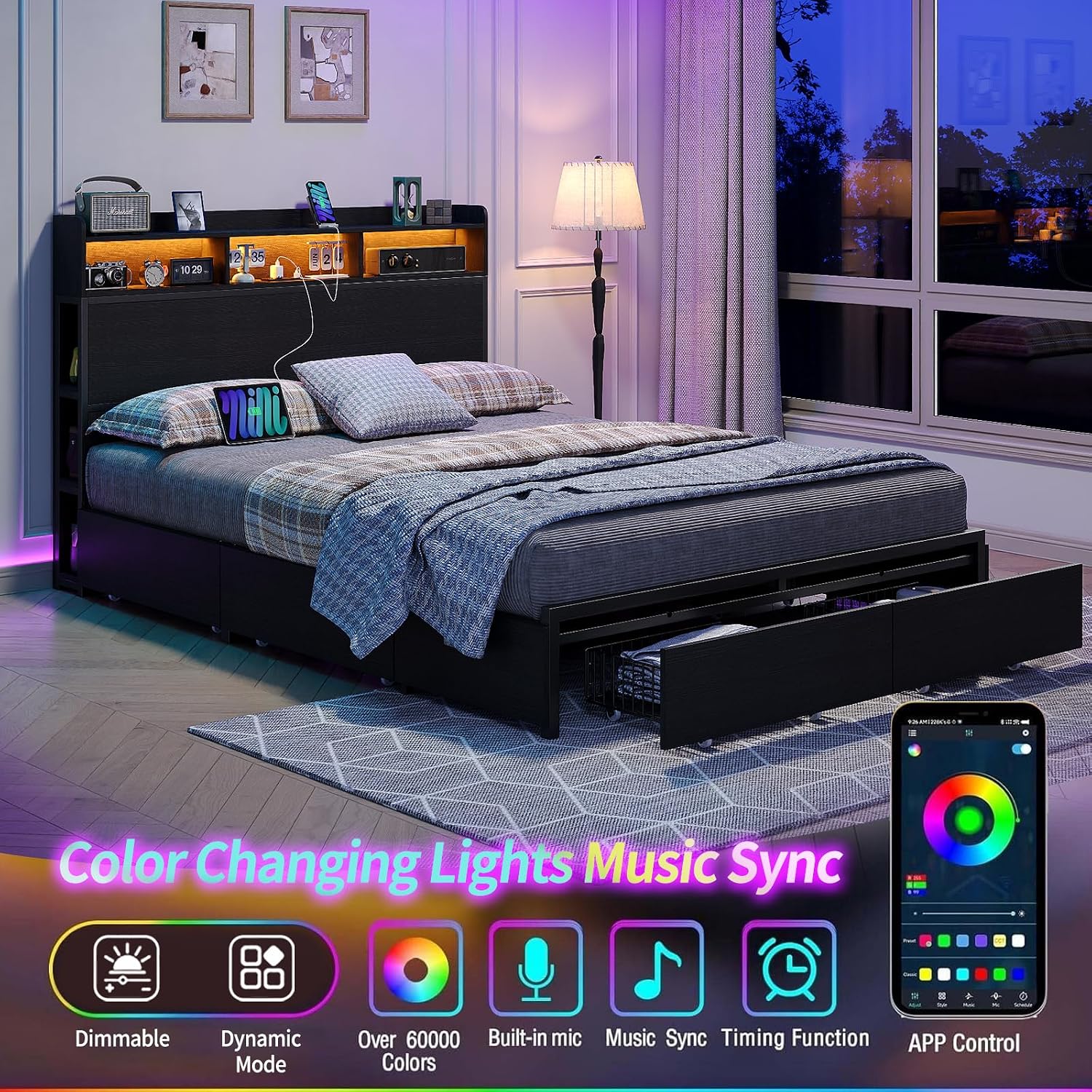 Queen Size Bed Frame with 6 Storage Drawers & Bookcase Headboard, Platform Bed with LED Light and Charging Station, Noise-Free, Easy Assembly, No Box Spring Needed, Black