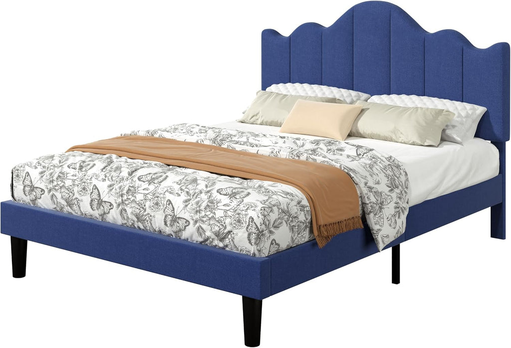 VECELO Full Size Upholstered Platform Bed Frame with Adjustable Headboard, Wood Slat Support and Noise-Free, No Box Spring Needed, Easy Assembly, Dark&Blue