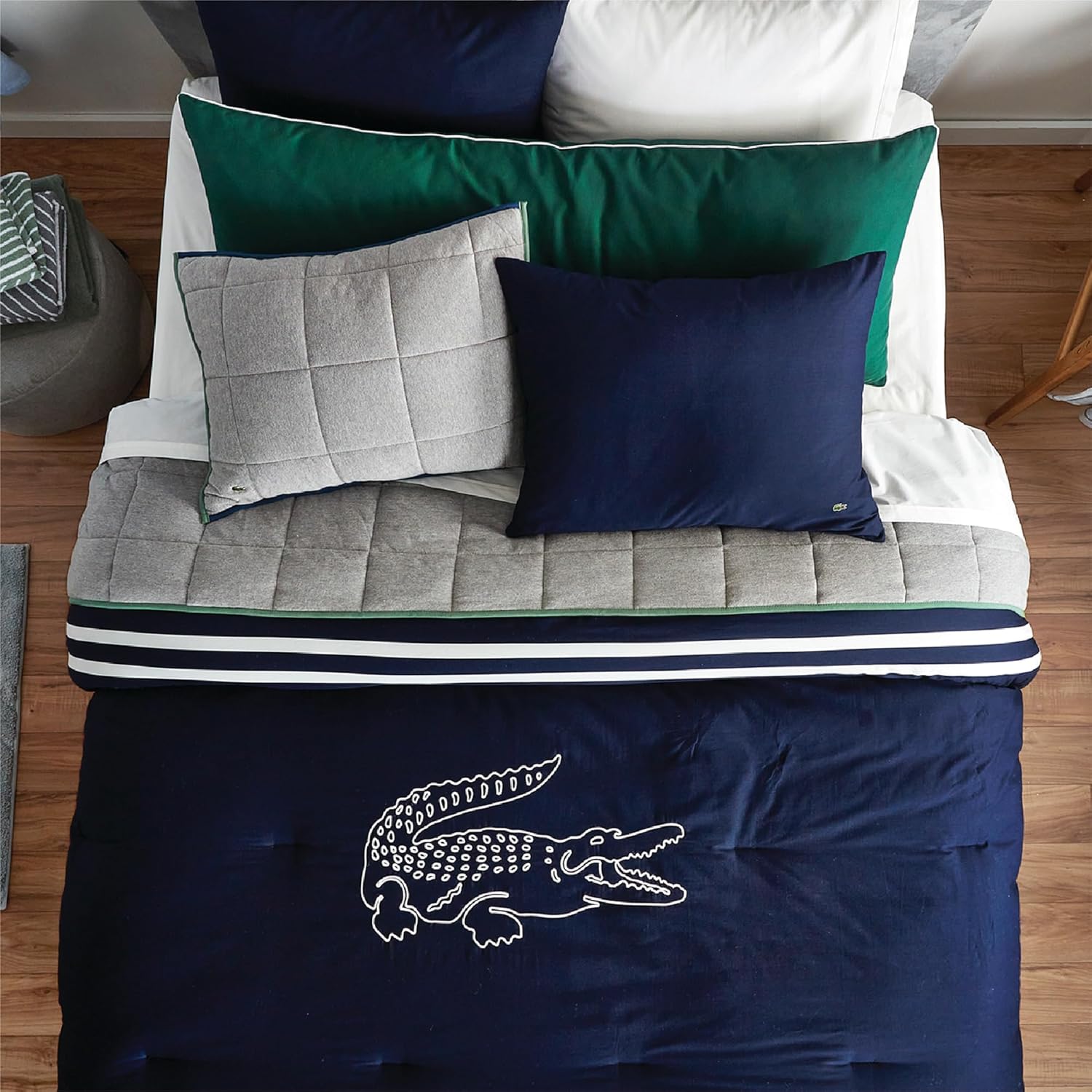 Lacoste Big Croc Comforter Set – 100% Cotton Percale 180-Thread Count, Reversible Duvet & Pillow Shams, Soft Breathable, Iconic Croc Logo, Navy, Full/Queen