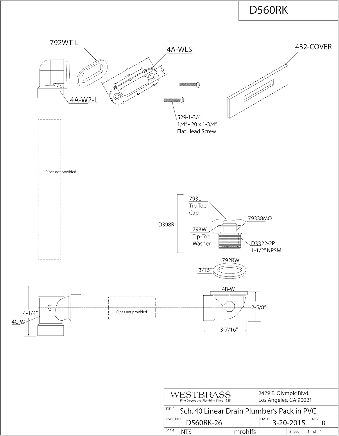 Westbrass D560RK-01 SCH. 40 PVC 1-1/2' Coarse Thread Plumber's Pack Tip-Toe Bathtub Drain Plug with Linear Overflow Faceplate, Tee & Elbows, Polished Brass (20-Pack)