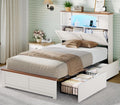 MSmask Farmhouse Bed Frame Twin Size with Bookcase and Storage Cabinets Headboard, Wood Platform Bed with LED Lights, Charging Station, 4 Drawers, Decoration Footboard, No Box Spring Needed, White