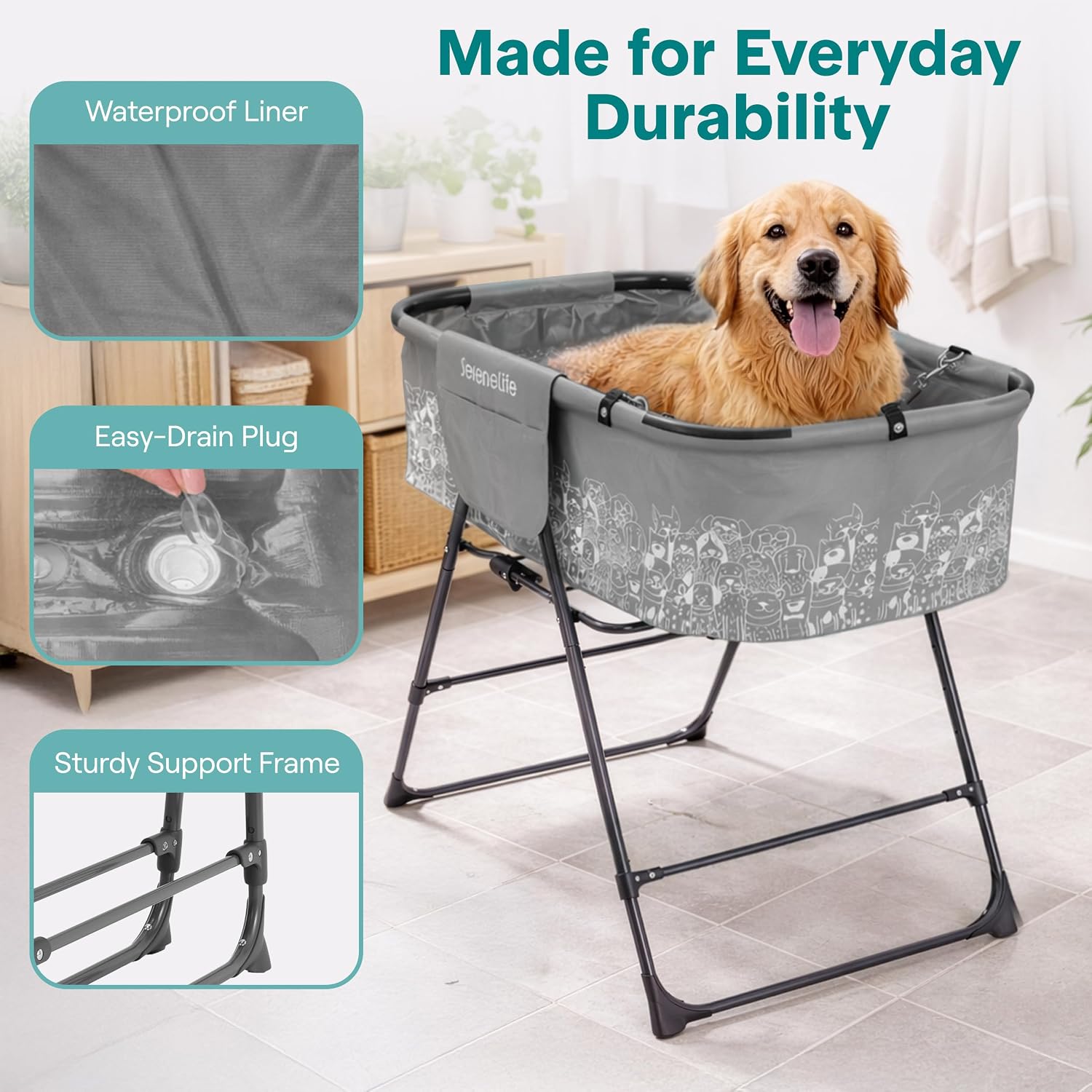 SereneLife Foldable Dog Bath Tub with Adjustable Height, 360° Access, Drain Hose & Storage Pockets – 130 lb Capacity Grooming Station for Indoor/Outdoor Use (Gray)