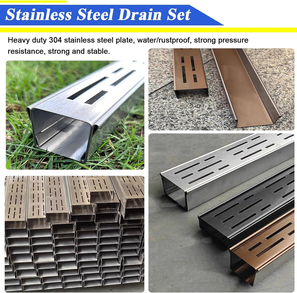 LZMZMQ 2-in Slim Channel Drain and Grate Kit, 1m 1.5m 2m Long Driveway Pool Deck Drainage Guttering Pipe and Sewerage Cover, Stainless Steel Jointable Linear Shower Drain(Black,Length-1.5m/4.9ft)