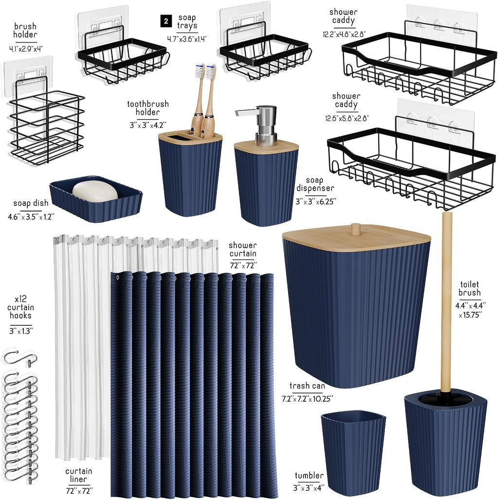 Hearth & Harbor Bathroom Accessories Set - Bathroom Set, 20PC Bathroom Accessory Set, Shower Curtain Set, Toilet Brush, Trash Can & Soap Dispenser (Navy Blue, Shower Caddy + Bathroom Set)